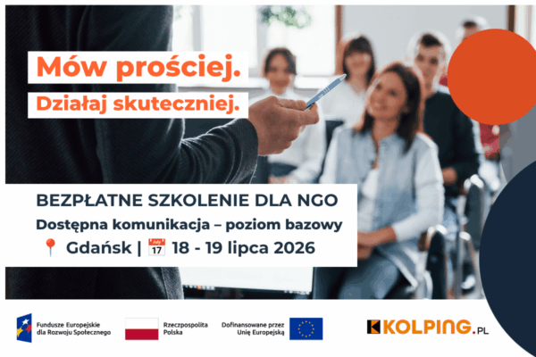 grafika z tekstem" Mów prościej. działaj skuteczniej" Bezpłatne szkolenia dla NGO